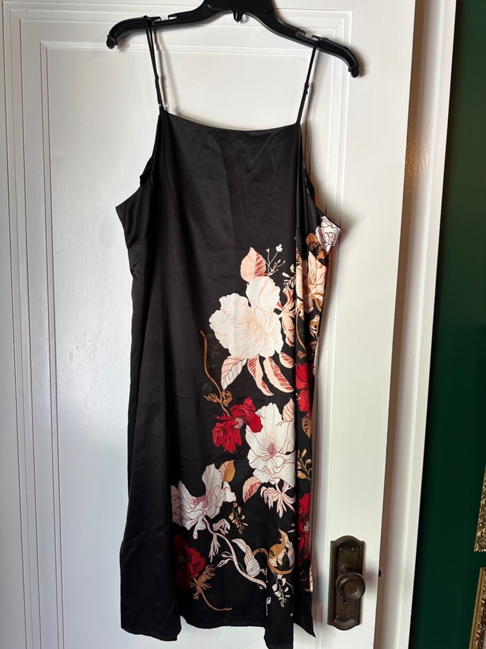 stars above Black Slip Dress with Cream & Red Floral Accents